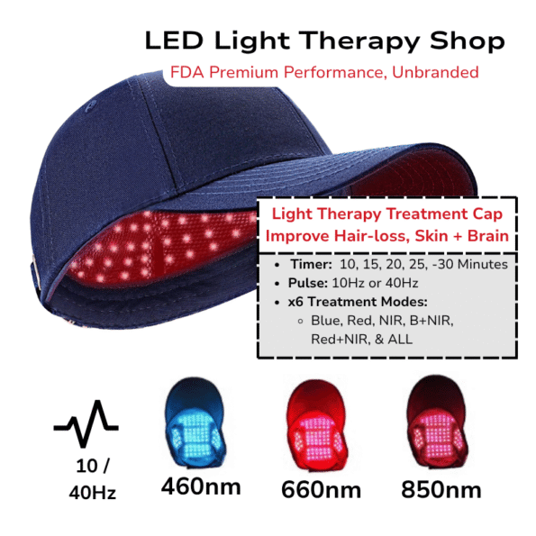 infographic FDA wear Universal cap Blue 460nm Red 660nm Near-Infrared 850nm Light Therapy Cap Improve Hair-loss Skin Brain