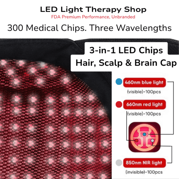 infographic triple led diode chips FDA wear Universal cap Blue 460nm Red 660nm Near-Infrared 850nm Light Therapy Cap Improve Hair-loss Skin Brain