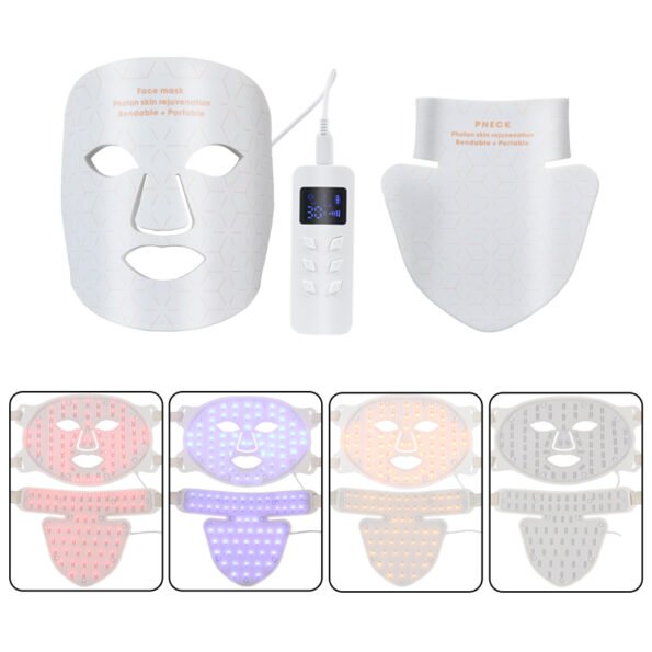 WHITE LED light therapy mask with red (630nm), blue (460nm), yellow (590nm), and infrared (850nm) light. Designed for skin rejuvenation, acne reduction, collagen production, and improved circulation. Features adjustable light intensity, independent infrared lamp control, and a customisable timer for targeted light therapy
