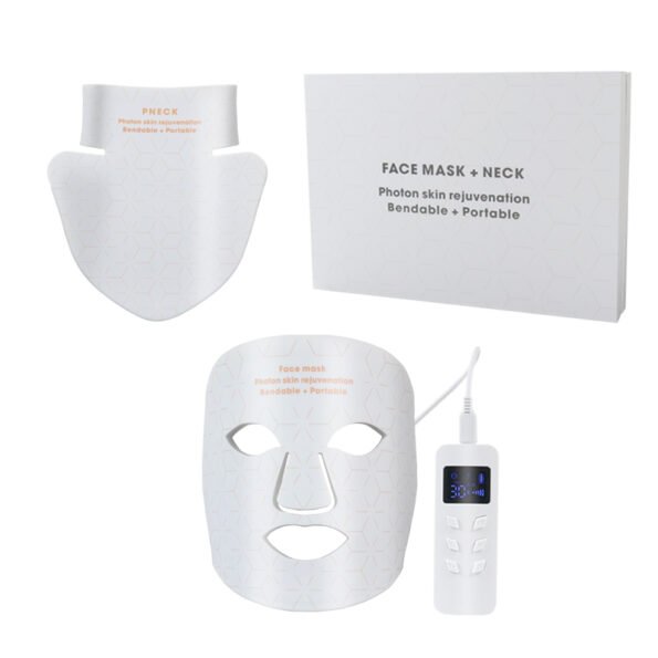 WHITE LED light therapy mask with red (630nm), blue (460nm), yellow (590nm), and infrared (850nm) light. Designed for skin rejuvenation, acne reduction, collagen production, and improved circulation. Features adjustable light intensity, independent infrared lamp control, and a customisable timer for targeted light therapy