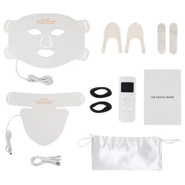 WHITE LED light therapy mask with red (630nm), blue (460nm), yellow (590nm), and infrared (850nm) light. Designed for skin rejuvenation, acne reduction, collagen production, and improved circulation. Features adjustable light intensity, independent infrared lamp control, and a customisable timer for targeted light therapy