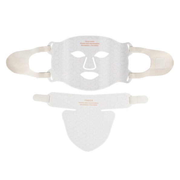 WHITE LED light therapy mask with red (630nm), blue (460nm), yellow (590nm), and infrared (850nm) light. Designed for skin rejuvenation, acne reduction, collagen production, and improved circulation. Features adjustable light intensity, independent infrared lamp control, and a customisable timer for targeted light therapy