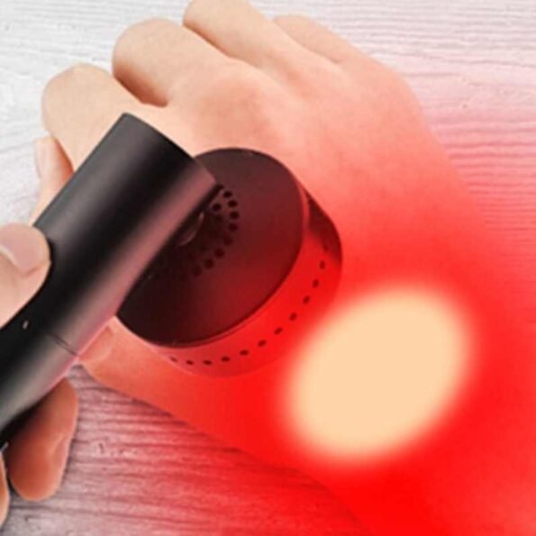 red light treatment on the hand non-invasive x9 LEDs Pain and Inflammation black torch Handheld torch. Red 630 660 and NIR 850 Light Therapy rechargeable battery