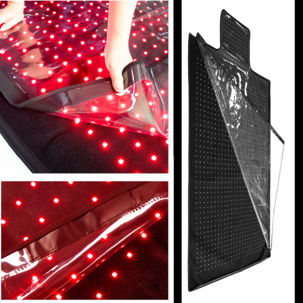 x2184 Light Therapy Sauna Blanket with 660nm red and 850nm near-infrared light, adjustable intensity (L1–L5), pulse modes (10Hz/40Hz), dual LCD controllers, and extended head section for full-body phototherapy.