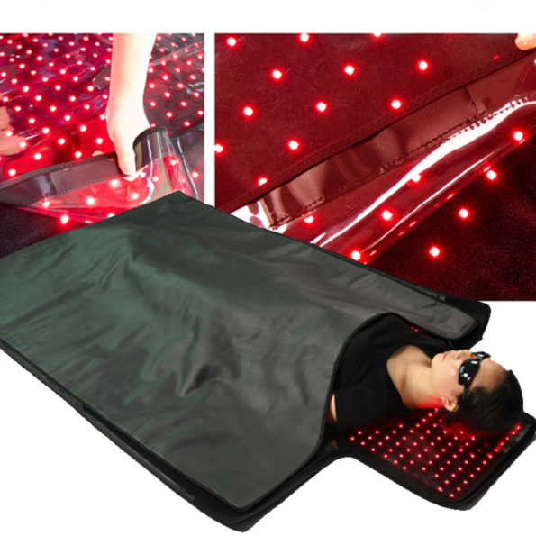 x2184 Light Therapy Sauna Blanket with 660nm red and 850nm near-infrared light, adjustable intensity (L1–L5), pulse modes (10Hz/40Hz), dual LCD controllers, and extended head section for full-body phototherapy.