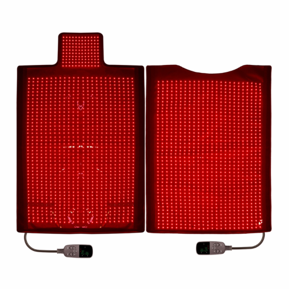 x2184 Light Therapy Sauna Blanket with 660nm red and 850nm near-infrared light, adjustable intensity (L1–L5), pulse modes (10Hz/40Hz), dual LCD controllers, and extended head section for full-body phototherapy.