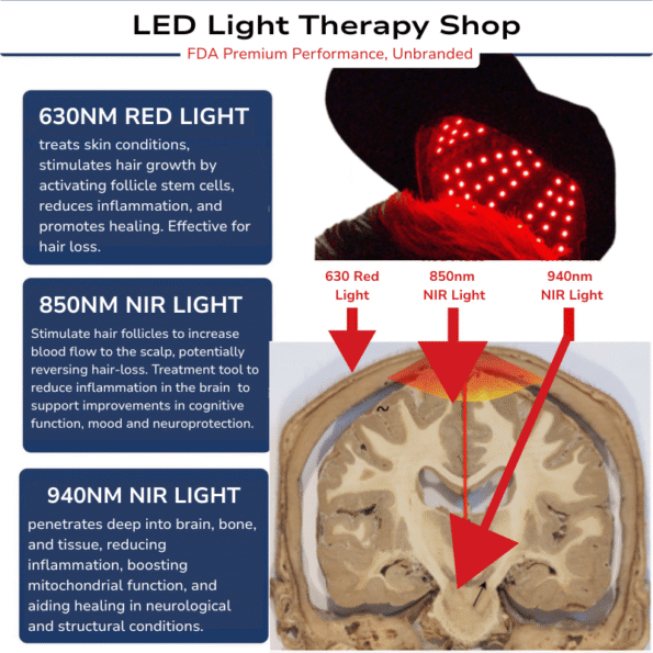 Brain Optimisation Red 630 NIR 850 + 940 Light Therapy Cap Hat black