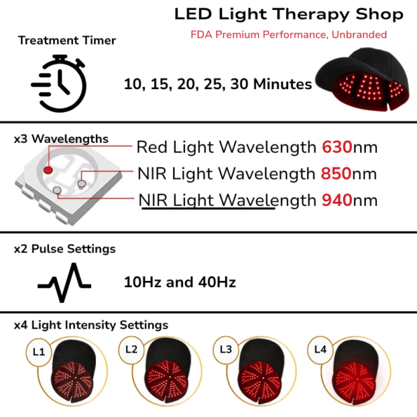 infographic Brain Optimisation Red 630 NIR 850 + 940 Light Therapy Cap Hat pulse 10hz 40hz brightness setting black