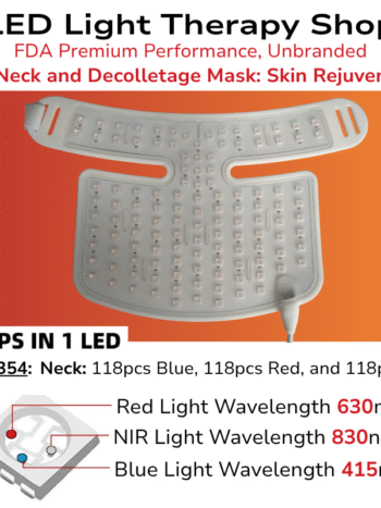infographic white FDA 510K Neck Mask Blue 415nm Red 633nm NIR 830nm with pulse 1-1000Hz light intensity x6 treatment modes adjustment Treatment Anti-Aging bacteria Acne