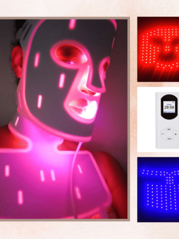 white FDA 510K Face Neck Decolletage Mask Blue 415nm Red 633nm NIR 830nm with pulse 1-1000Hz light intensity x6 treatment modes adjustment Treatment Anti-Aging bacteria Acne switched on in use on face and neck