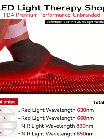 x4 wavelength infographic lady doing yoga for FDA x4 wavelengths Red 630+660nm NIR 830+850nm FullBody Light Therapy Mat (7)