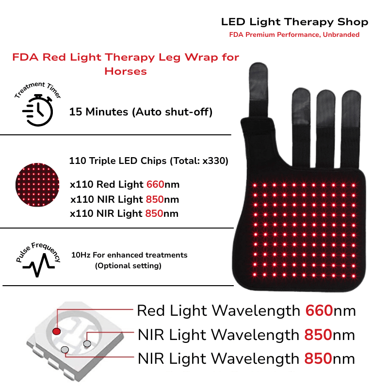 FDA Light Therapy Leg Wrap Horses Suspensory Ligament Bowed Tendon Equine Tendon Injury Recovery Red Light Therapy Horse Leg Wrap Infographic red 660 near infrared 850 horse leg treatment wrap triple led timer 15 minutes pulse 10hz