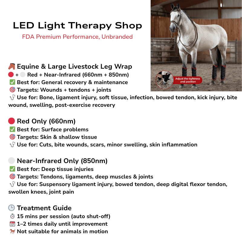FDA red Light Therapy Leg Wrap Horses equine large livestock horses equine large livestock treatment soft tissue trauma bone joint injury red 660 nir 850 (2) Red Light Therapy Horse Leg Wrap infographic horse equine large livestock health benefits red 660 nir 850 FDA red Light Therapy Leg Wrap treatment soft tissue trauma bone joint injury inflammation