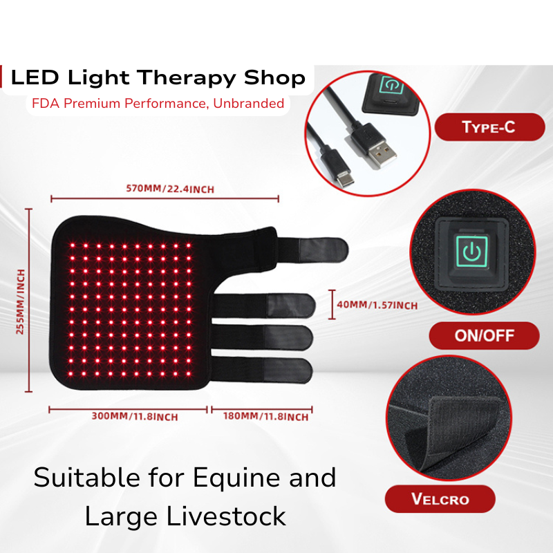 FDA red Light Therapy Leg Wrap Horses equine large livestock horses equine large livestock treatment soft tissue trauma bone joint injury red 660 nir 850 Red Light Therapy Horse Leg Wrap Infographic operation button type battery powered velcro straps adjustment red 660 near infrared 850 benefits for horses equine large livestock FDA Light Therapy Leg Wrap treatment soft tissue trauma bone joint injury