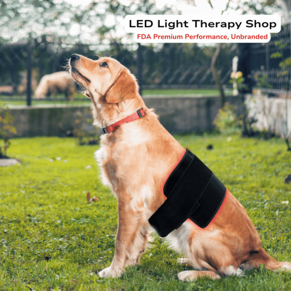 dog sat with pad on back Large Area red light Therapy for Big Animals. treatment Pad with extended straps provides comprehensive treatment for horses, cattle and XL dogs red 660 near infrared 850