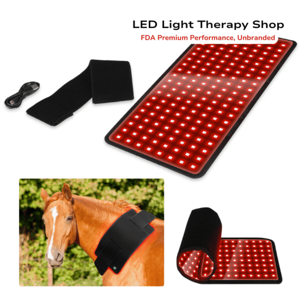 horse wearing red light therapy pad on neck with extended straps provides comprehensive treatment for horses, cattle and XL dogs red 660 near infrared 850