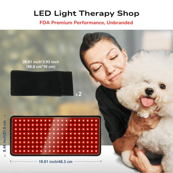 women holding dog in arms image of Universal Large Animal Red Light Therapy Pad 160 LED Wrap and extendable straps displayed
