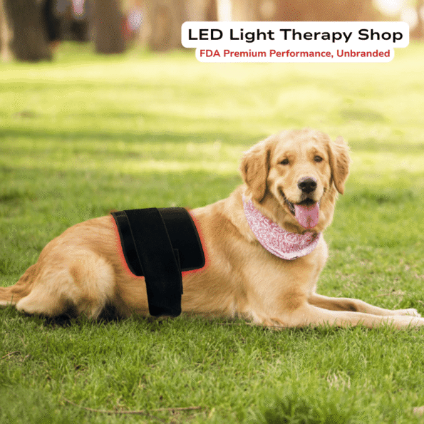dog laying down on grass with pad on back Universal Large Animal Red Light Therapy Pad 160 LED Wrap