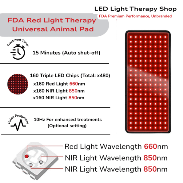 infographic of treatment timer triple led diodes red light therapy pad pulse 10hz frequency Universal Large Animal Red Light Therapy Pad 160 LED Wrap Horses Cattle XL Dogs