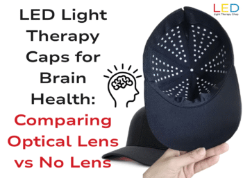 hand holding black cap with optical led lens for brain light therapy treatment icon head showing brain blog title included LED Light Therapy Caps for Brain Health: Comparing Optical Lens vs No Lens