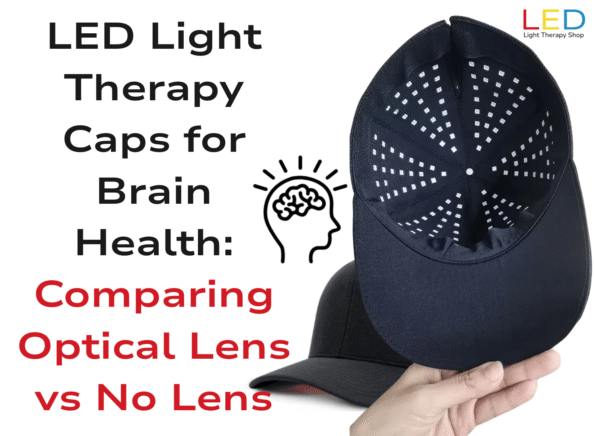 hand holding black cap with optical led lens for brain light therapy treatment icon head showing brain blog title included LED Light Therapy Caps for Brain Health: Comparing Optical Lens vs No Lens