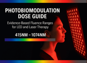 Woman receiving LED light therapy beside a red light therapy panel used to illustrate photobiomodulation fluence ranges from 415nm to 1074nm