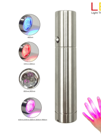 5-Wavelength Light Therapy Pen A stainless-steel 5-Wavelength Red Light Therapy Torch shown emitting red and blue light, demonstrating use for pets and horses, from LED Light Therapy Shop.