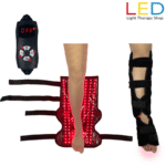 LED Leg Wrap displaying 660 nm red and 850 nm infrared lights on lower leg for muscle recovery LED leg wrap controller