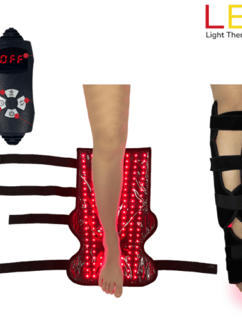 LED Leg Wrap displaying 660 nm red and 850 nm infrared lights on lower leg for muscle recovery LED leg wrap controller
