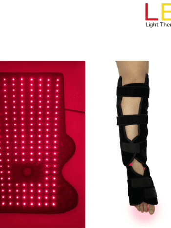 LED Leg Wrap Flexible infrared leg wrap secured around calf for circulation and post-surgery therapy.