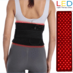 Red Light Therapy Back Muscle Strain Treatment Red light therapy back wrap showing 660 nm and 850 nm LED lights applied to lower lumbar muscles.