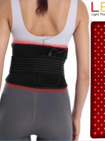 Red Light Therapy Back Muscle Strain Treatment Red light therapy back wrap showing 660 nm and 850 nm LED lights applied to lower lumbar muscles.
