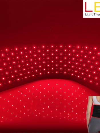 Red Light Therapy Back Muscle Strain Treatment Infrared light therapy belt worn around lower back for sciatica nerve root relief and muscle strain support.