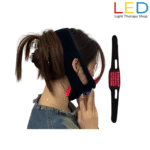 Red Light Therapy Chin Mask FDA Cleared Red Light Therapy Chin Wrap – model wearing device showing red LED glow under chin area.