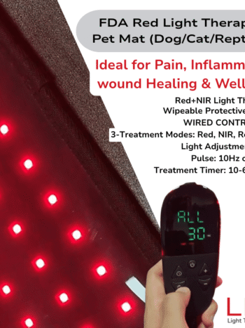 LED Light Therapy Pet Mat features list with red and NIR wavelengths 660nm and 850nm.