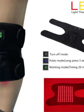 Red Light Therapy for Knee Osteoarthritis Treatment Red light therapy knee wrap with pulse mode display and activated LED panel for osteoarthritis therapy.