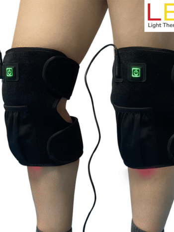 Red Light Therapy for Knee Osteoarthritis Treatment Pair of infrared knee wraps in use showing LED indicators for joint pain and inflammation relief.