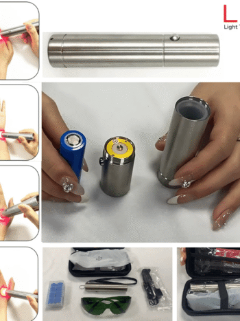 rechargeable red light therapy torch Person using a stainless-steel red light therapy torch on hands and wrist for targeted home treatment.