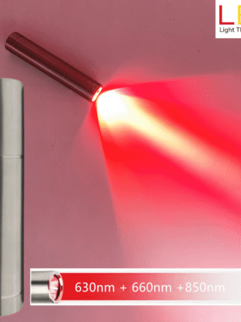 rechargeable red light therapy torch Portable 630 nm + 660 nm + 850 nm LED torch emitting red and near-infrared light against pink background.