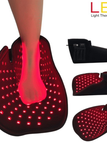 red light therapy foot boot wrap Close-up of foot illuminated by 660 nm red LEDs inside the wrap. BUY ONE GET ONE FREE BLACK FRIDAY SALE