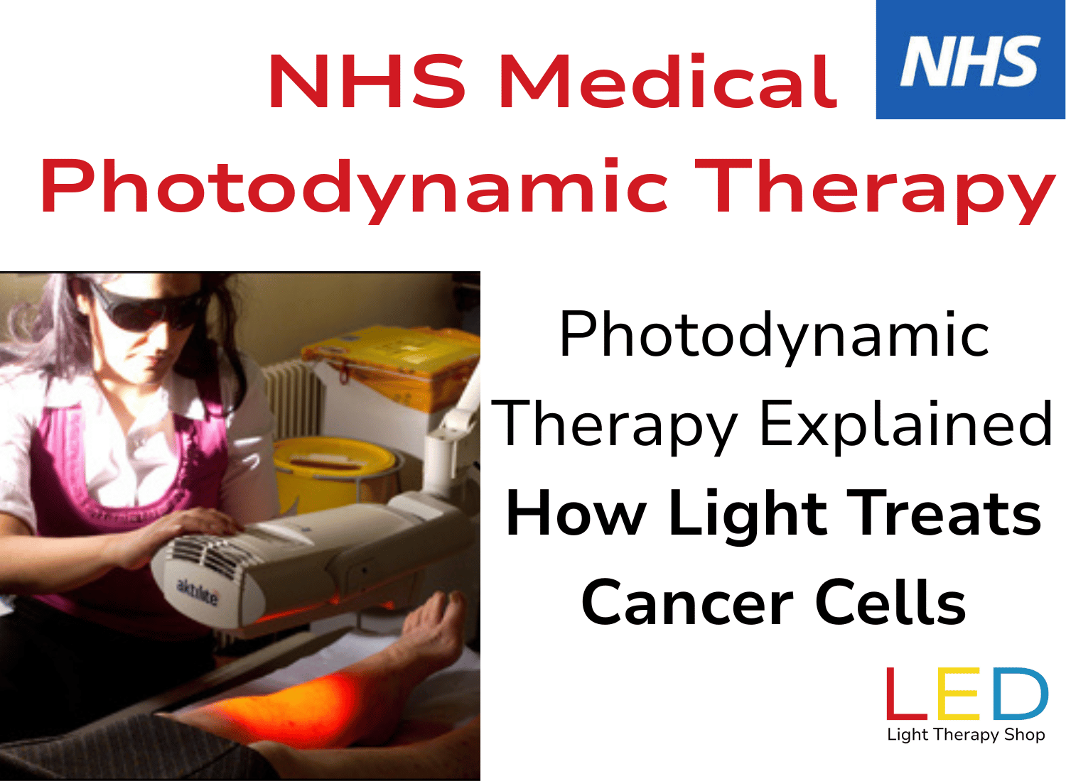 NHS photodynamic therapy shown with a clinician using a medical light device on a patient’s leg, alongside text reading ‘NHS Medical Photodynamic Therapy – Photodynamic Therapy Explained: How Light Treats Cancer Cells,’ with LED Light Therapy Shop branding.