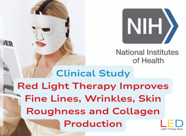 Woman wearing an LED light therapy face mask while reading, shown alongside the NIH National Institutes of Health logo and text stating ‘Clinical Study: Red Light Therapy Improves Fine Lines, Wrinkles, Skin Roughness and Collagen Production,’ with branding from LED Light Therapy Shop.