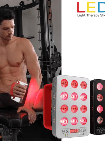 Red Light Therapy Handheld 660nm 850nm with Handle FDA-registered portable red and near-infrared handheld light therapy device with 660nm and 850nm wavelengths used by man sat on gym bench red light therapy treatment to his forearm Branded product image of the FDA-registered portable red and near-infrared light therapy device, featuring 12 dual LEDs delivering 660nm red and 850nm near-infrared wavelengths in a compact rechargeable design.