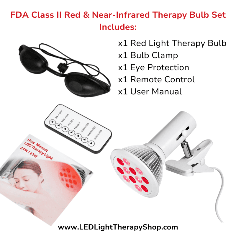 Red & Near-Infrared Therapy LightBulb Set Red & Near-Infrared Therapy LightBulb  FDA-Class-II-Red-Near-Infrared-Therapy-Bulb-660nm-850nm-24W-E26E27 whats in the box image clamp red light therapy bub eye protection goggles remote controller for light bulb and light therapy user manual
