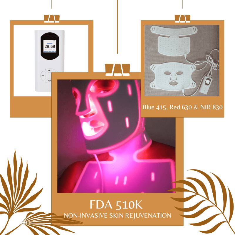 white FDA 510K LED Face Neck Decolletage Mask in use Blue 415nm Red 633nm NIR 830nm with pulse 1-1000Hz light intensity x6 treatment modes adjustment Treatment Anti-Aging bacteria Acne