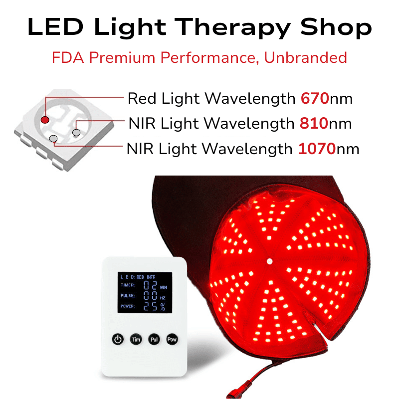Red Light Therapy Brain Cap infographic of led placement triple diodes remote control Brain Repair Red 670 NIR 810 1070 Advanced Light Therapy cap